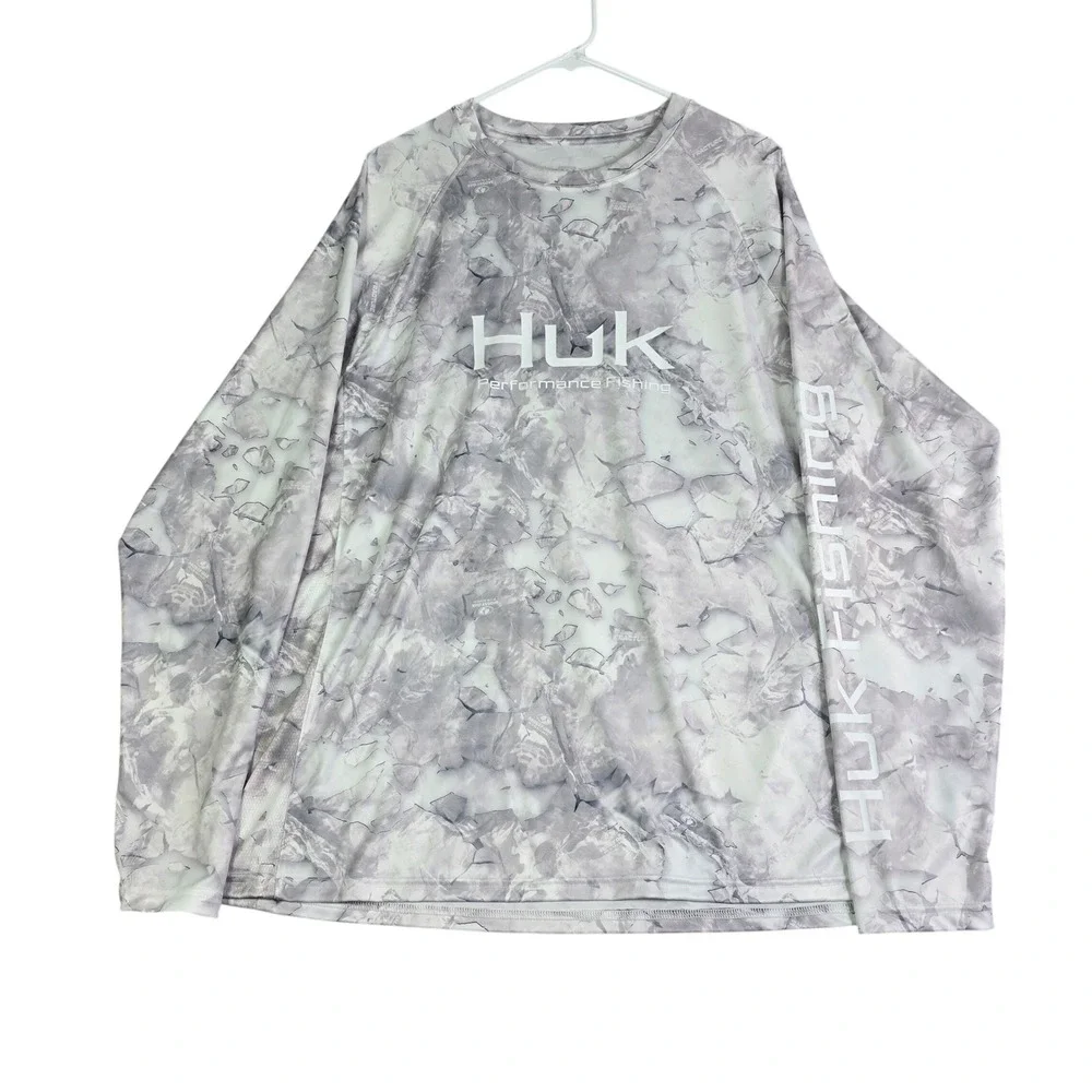 Huk Fishing Performance Shirt Mens XL Grey Camo Mossy Oak Fracture Long Sleeve - Picture 1 of 8